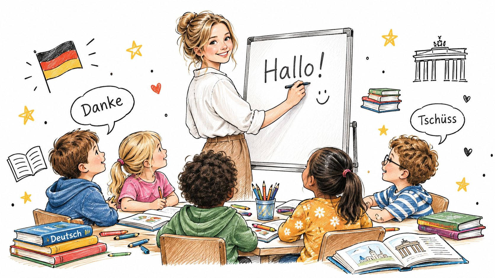 A friendly teacher writing Hallo on a whiteboard in front of a diverse group of elementary students.
