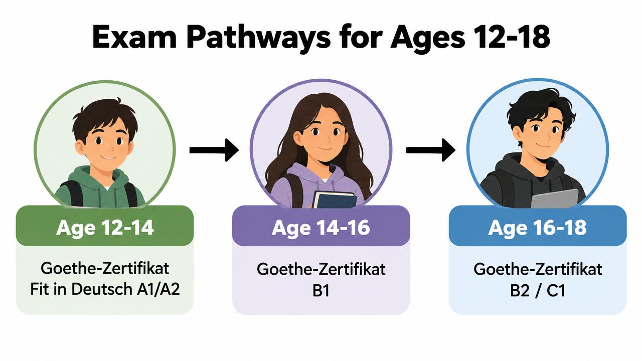 A visual guide showing three exam progression pathways for German language learners aged 12 to 18 years.