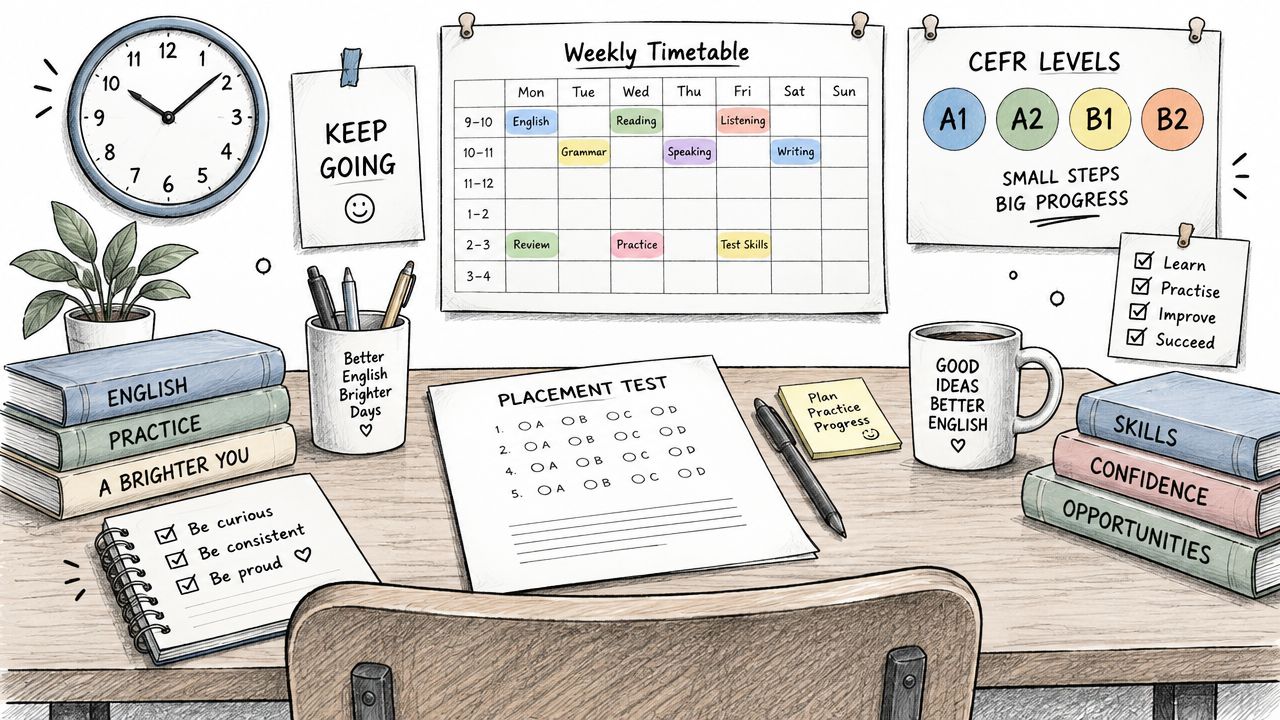 An organized study desk featuring a weekly timetable, English books, a placement test, and positive motivational notes.