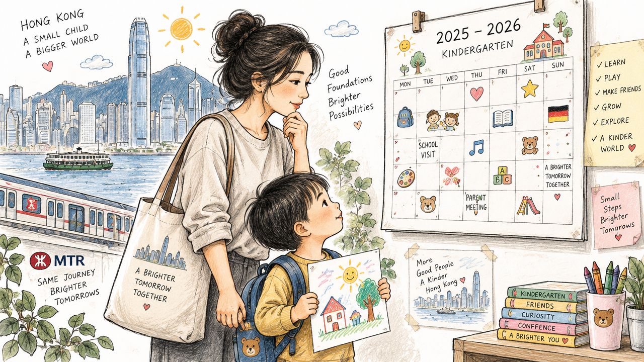 A mother and her young son looking at a kindergarten calendar in a bright, illustrated classroom setting.