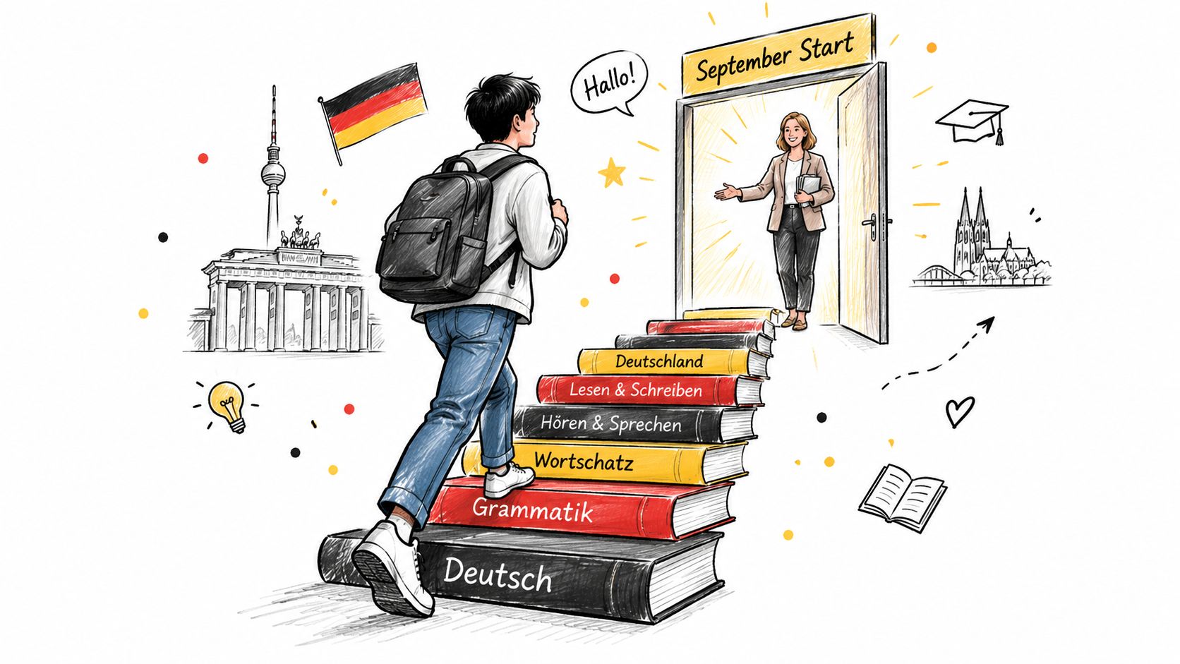 A student climbing a staircase made of books leading to an open door for a German course.
