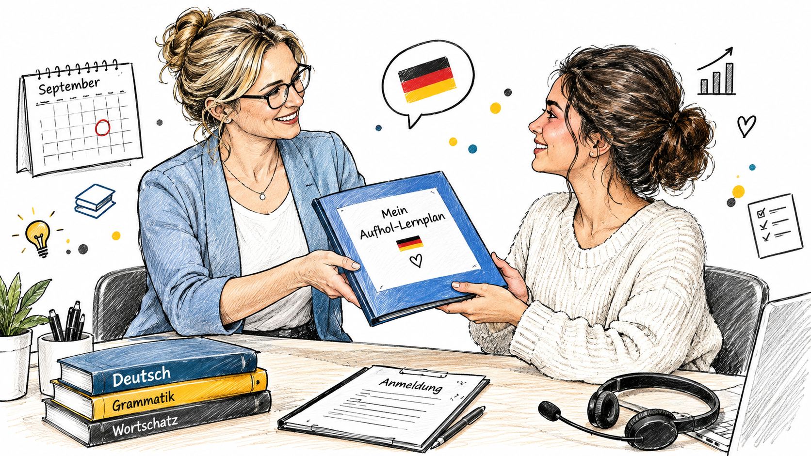 A teacher handing a learning plan folder to a student at a desk with German language books.