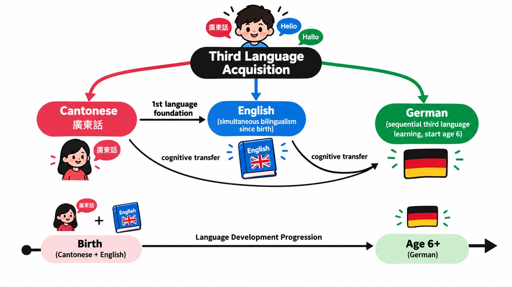 A diagram illustrating the progression of learning German as a third language after Cantonese and English.
