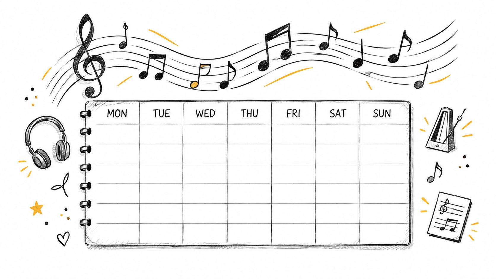 German lessons Hong Kong, a hand-drawn music-themed weekly planner with musical notes, headphones, a metronome, and a staff.