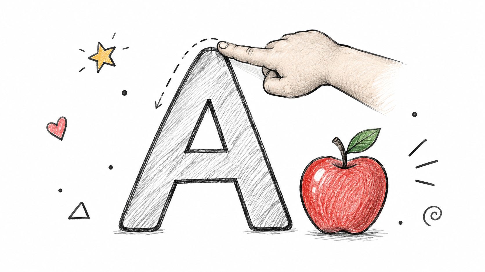 German lessons Hong Kong, a hand pointing to a large hand-drawn letter A next to a bright red apple illustration.