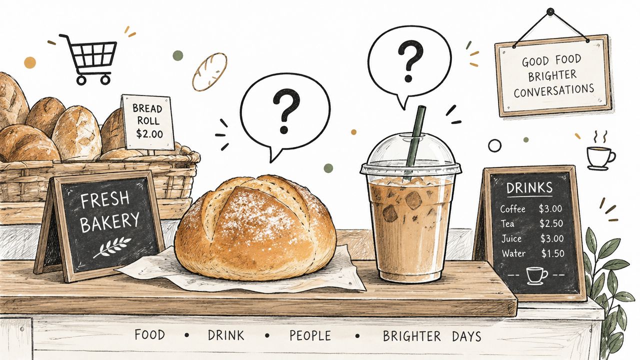 Learn German HK, a hand-drawn German bakery counter with a large loaf of bread and an iced drink.
