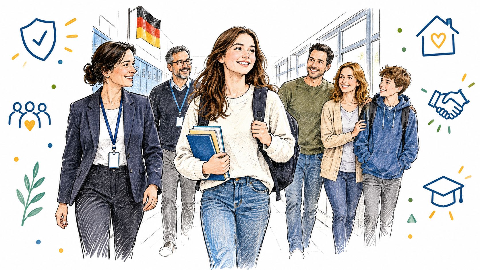 A diverse group of students and teachers walking together in a school hallway with educational icons.