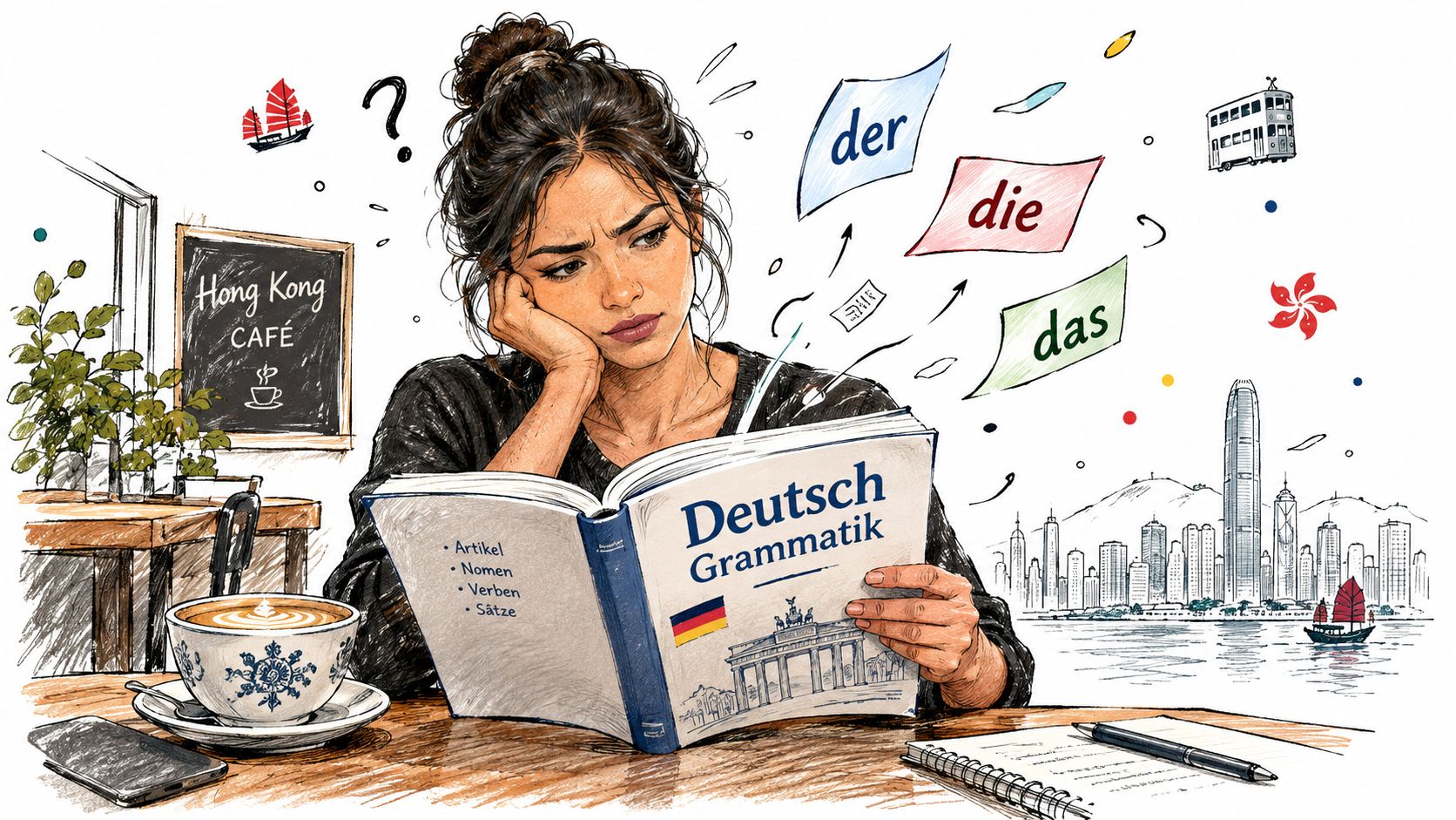 A thoughtful woman studying German grammar with articles der, die, das in a Hong Kong themed cafe.
