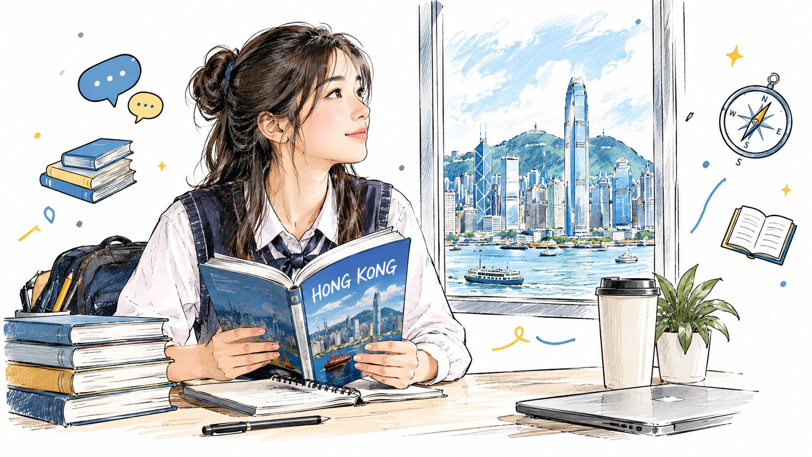 A young student reading a travel book about Hong Kong while sitting by a window overlooking the city.