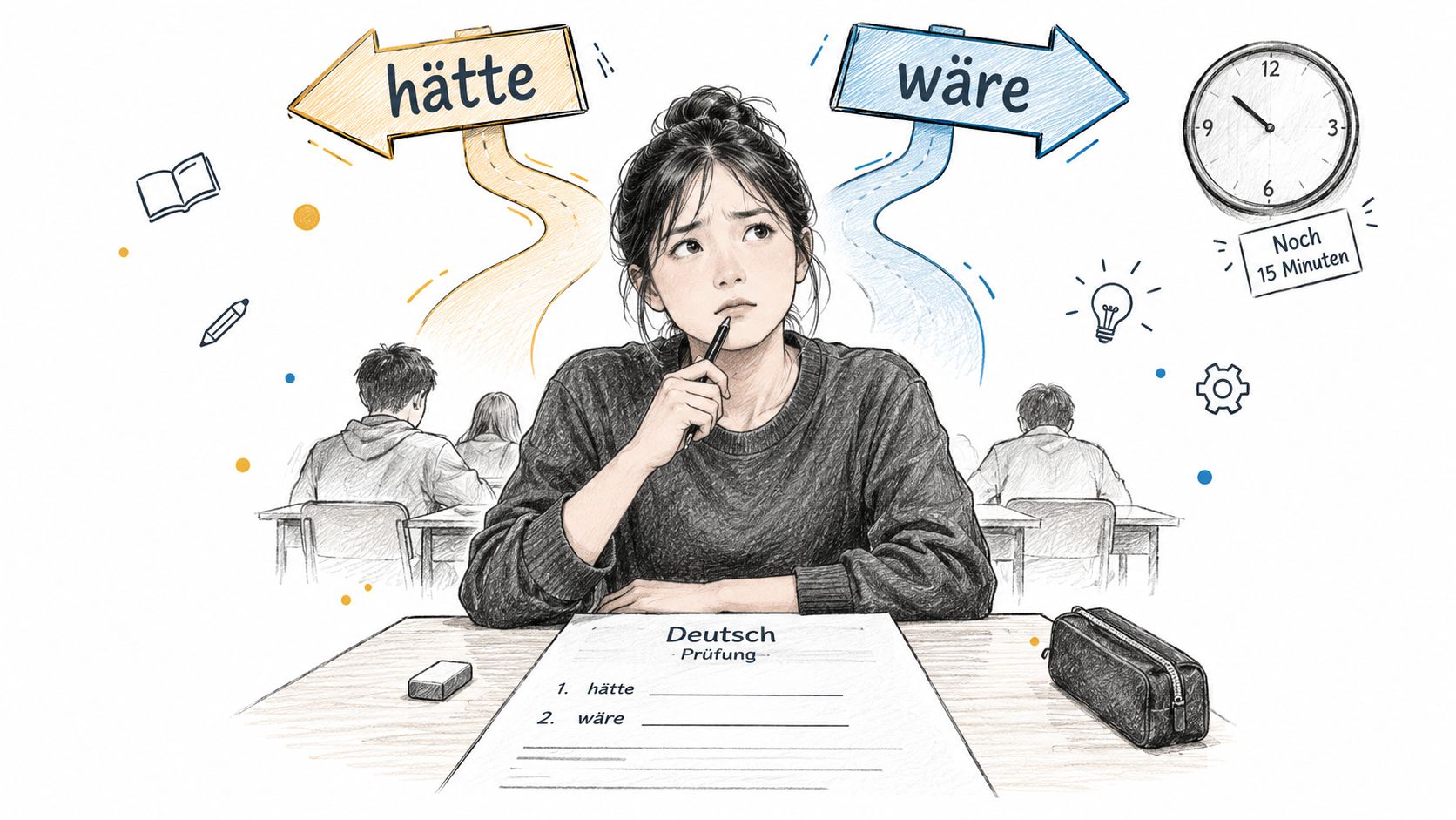 A student struggling with German grammar, specifically choosing between the words hätte and wäre during an exam.