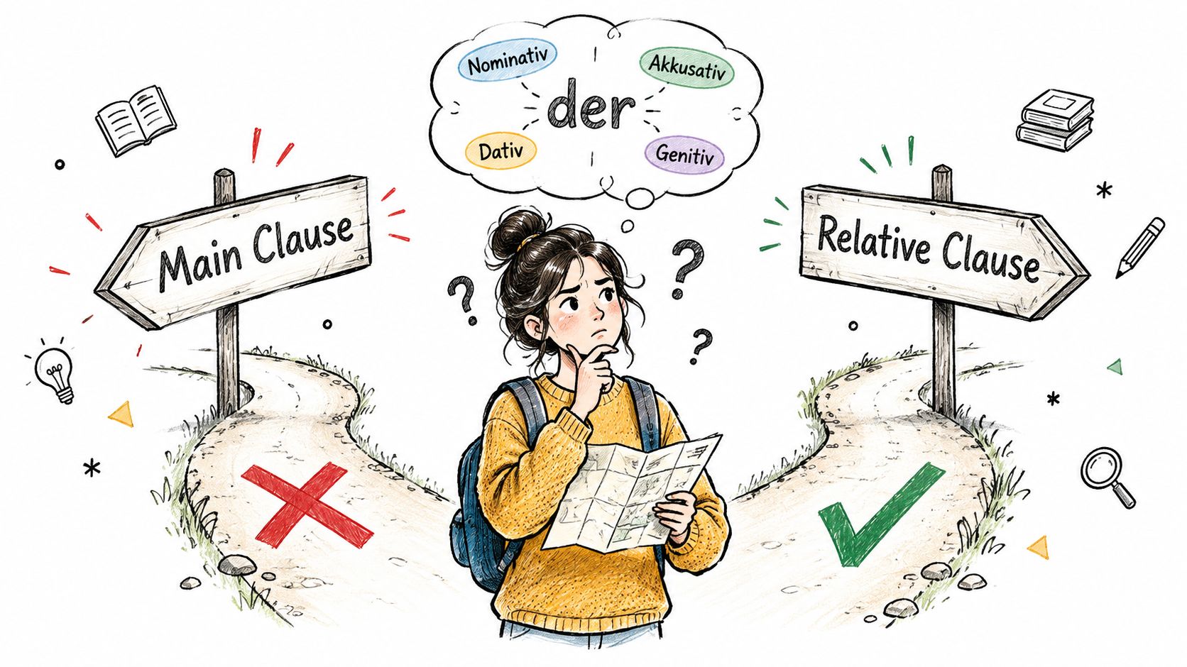 A student girl standing at a crossroads deciding between German main clauses and relative clauses.