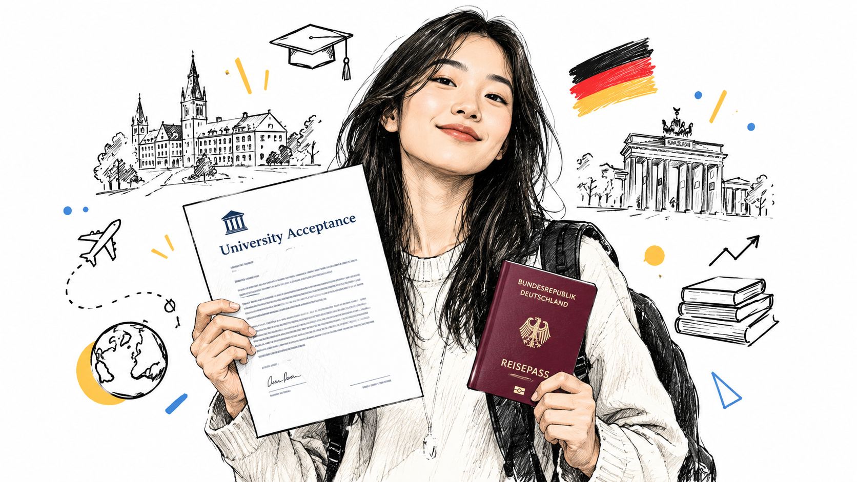 A young woman holding a university acceptance letter and a German passport, surrounded by educational and travel icons.