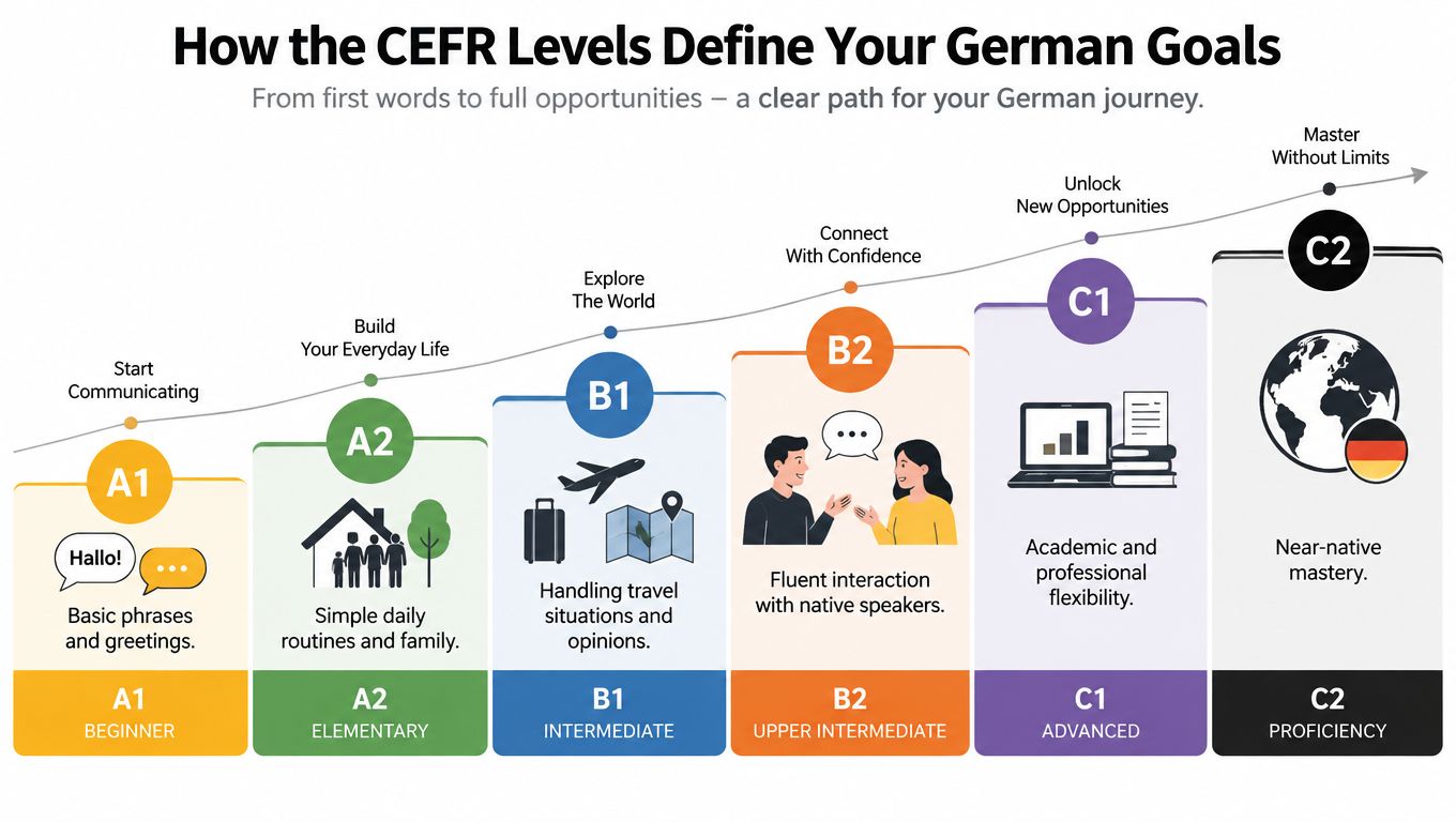 A visual guide explaining CEFR German language proficiency levels, from beginner A1 to proficient C2.