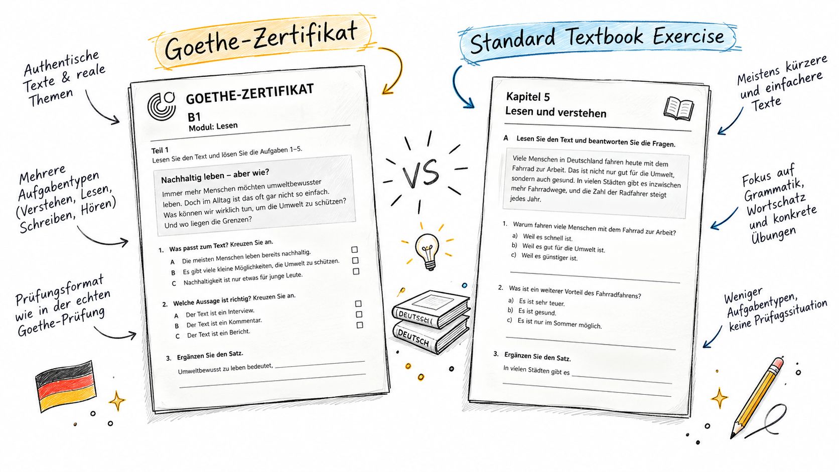 A comparison illustration between Goethe-Zertifikat B1 exam exercises and standard German textbook reading comprehension exercises.