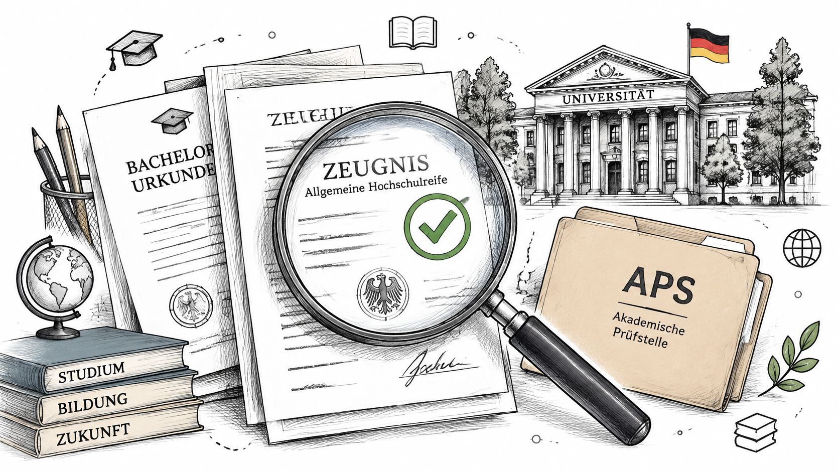 A professional illustration of German university academic documents, an APS folder, and a magnifying glass over a certificate.