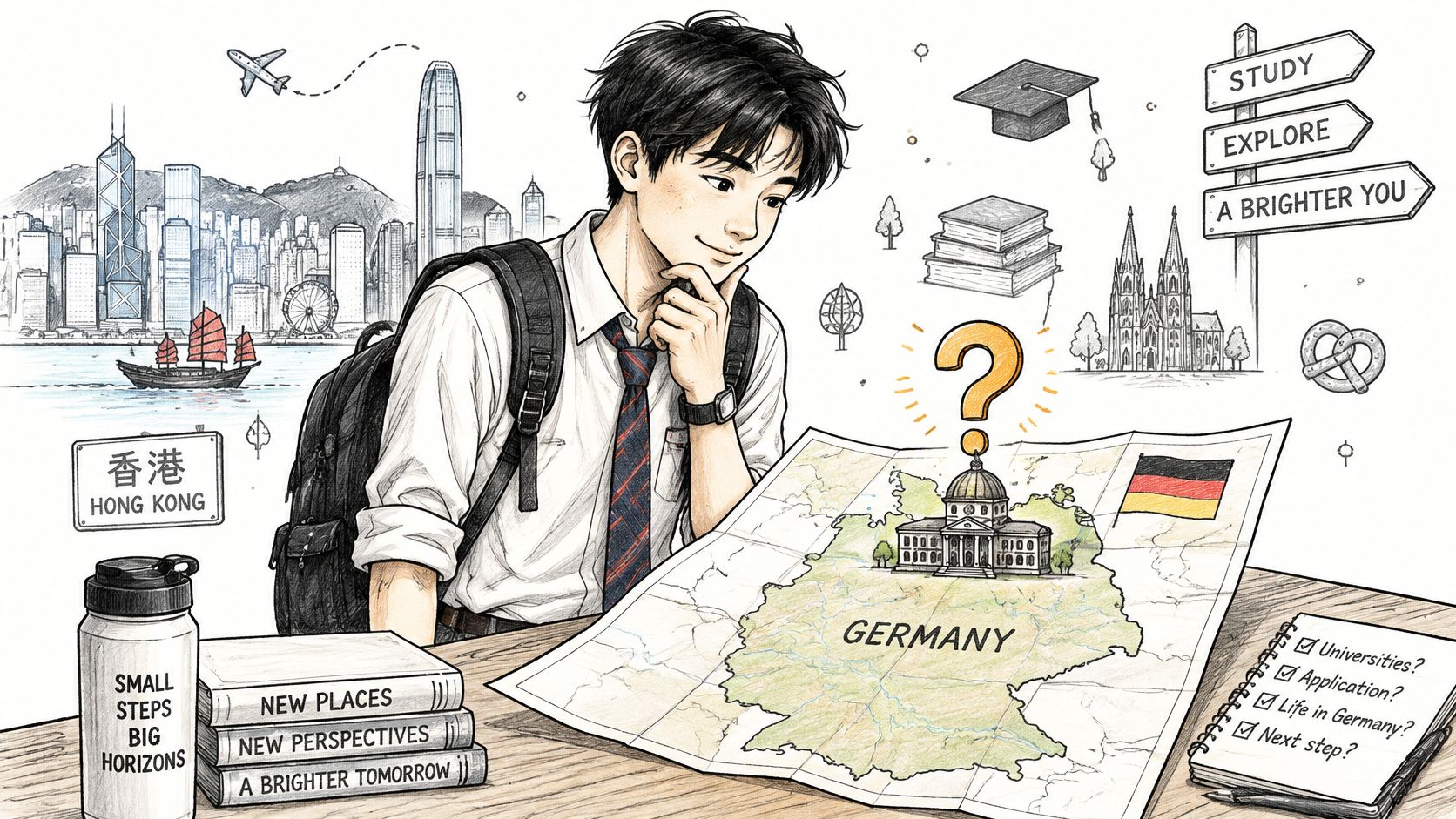 A student looking at a map of Germany, considering study abroad opportunities and future education plans.