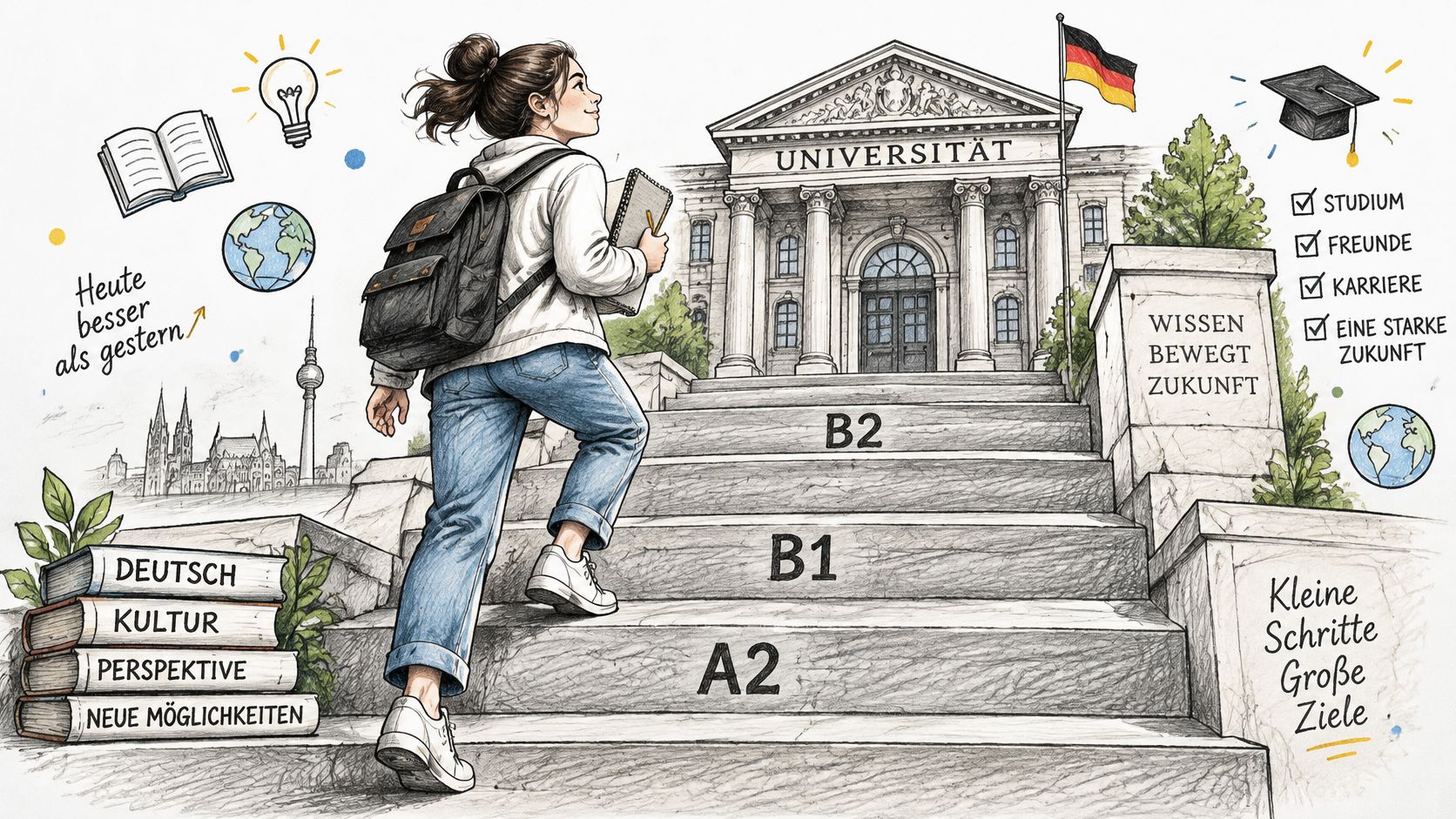 A student climbing stairs representing language levels toward a university building under the German flag.