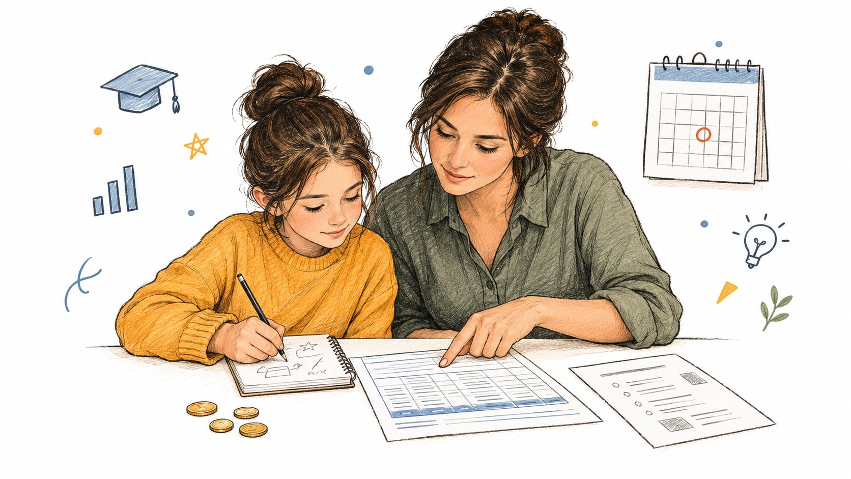 A woman and a young girl collaborating on schoolwork at a desk with financial and educational illustrations.