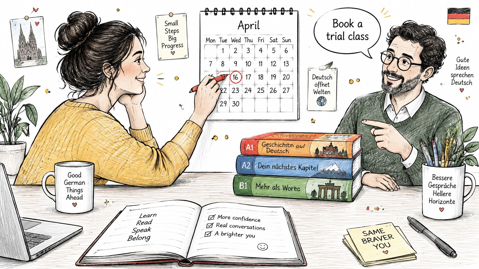 A woman and man smiling while learning German language together with books, a calendar, and study notes.