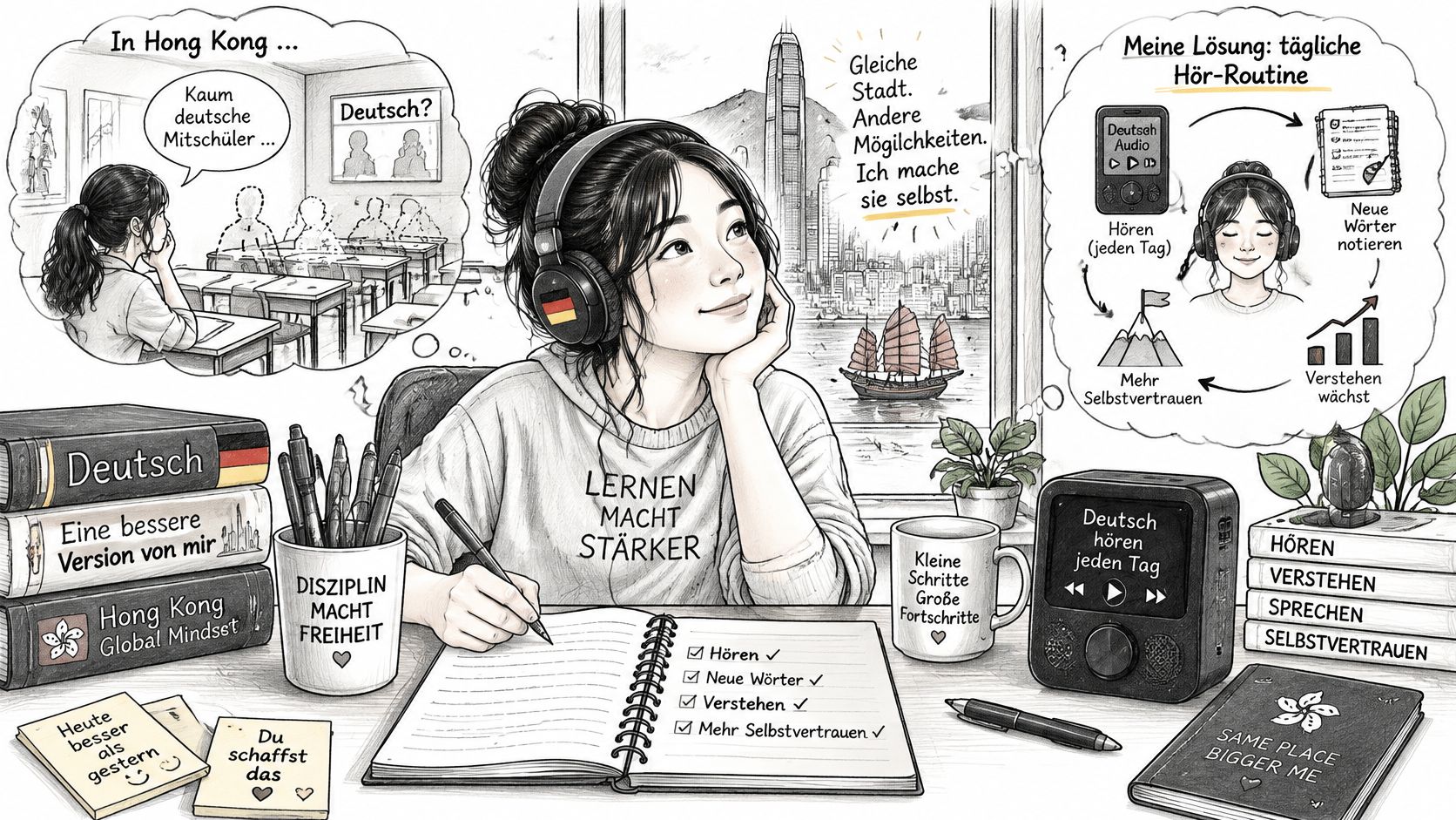 A girl with headphones studying German at her desk, symbolizing a routine for language learning and self-improvement.