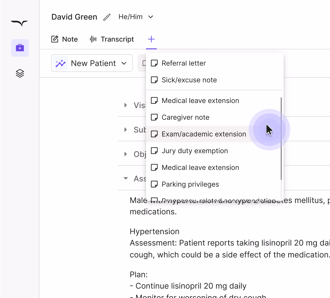 Dropdown menu for clinical note letter types