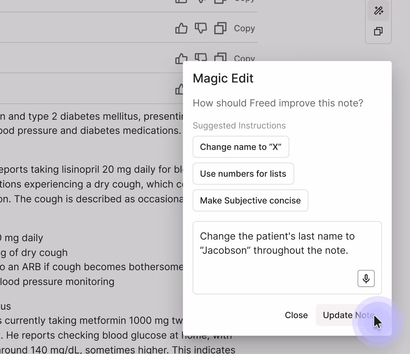 Magic Edit in Freed suggesting how to improve a note with ROS and subjective detail