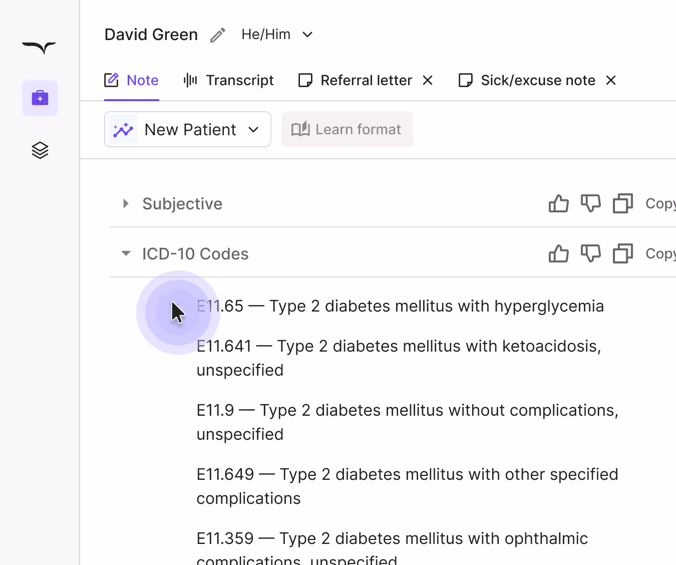 ICD-10 codes list for Type 2 diabetes with AI scribe