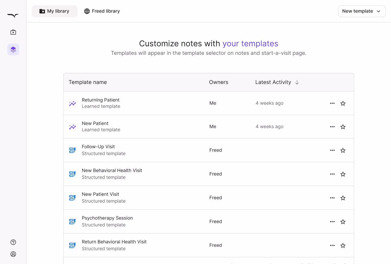 Freed template builder showing specialty-specific notes for pediatrics, psychiatry, and emergency med