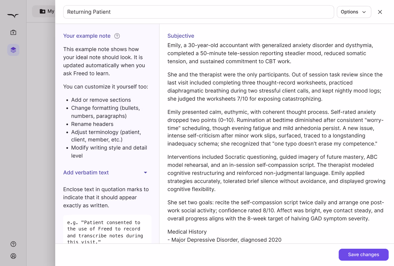 Freed Learn Format modal showing how the AI adapts to a clinician’s preferred note structure and layout