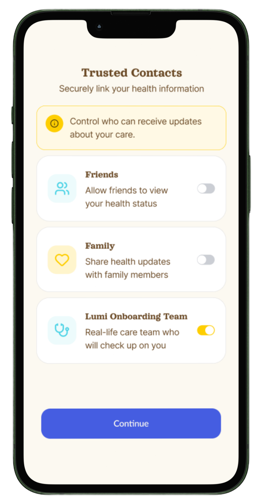 Lumi trusted contact screen on a mobile prototype.