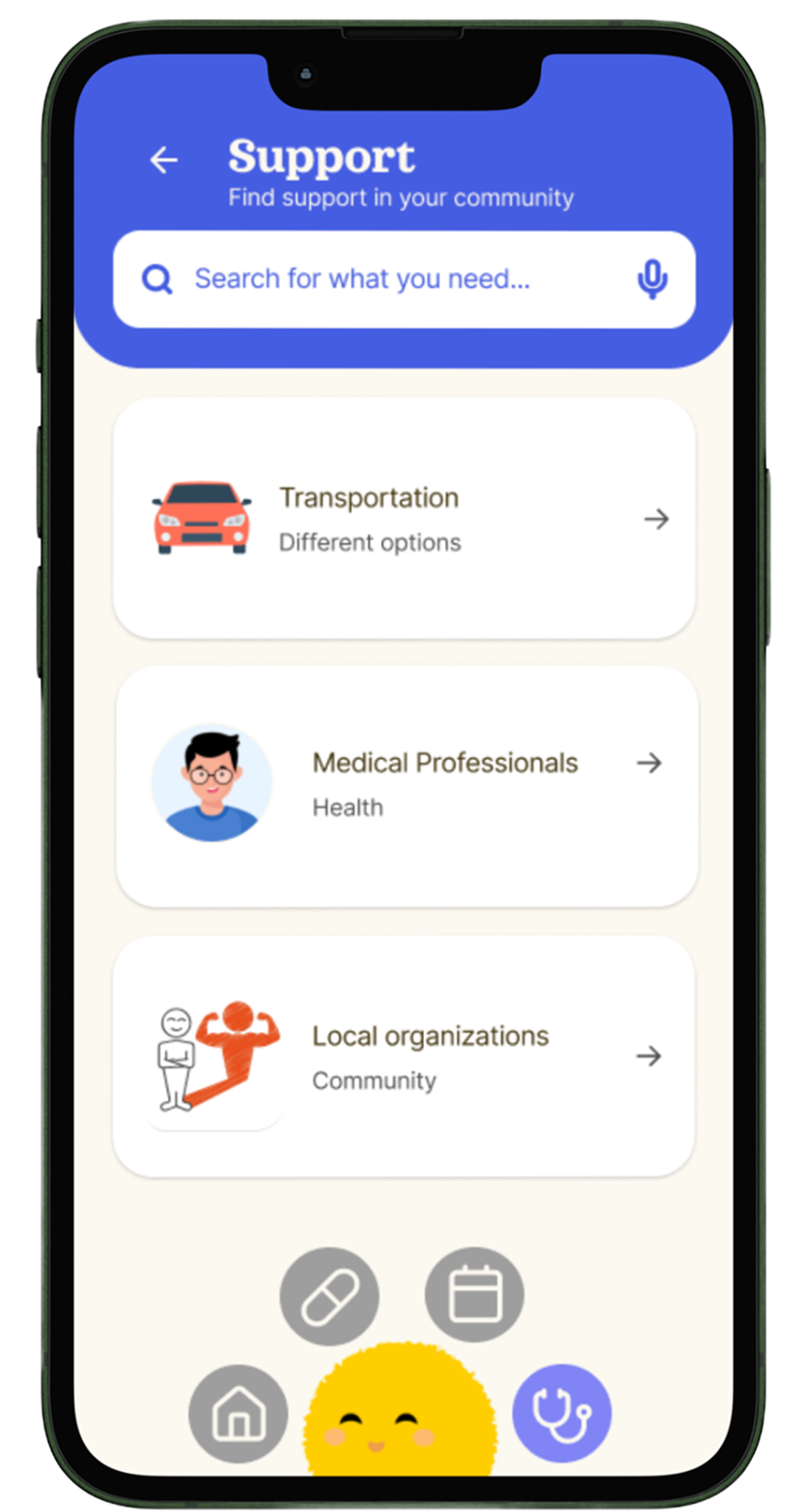 Lumi community services screen on a mobile prototype.