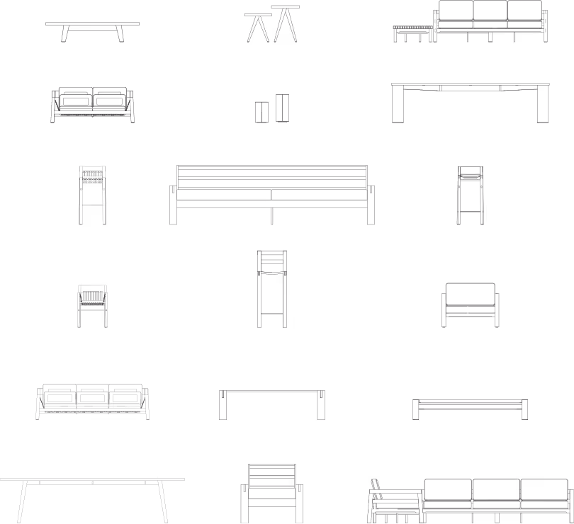 Line drawings of select pieces from 4 Limn outdoor collections