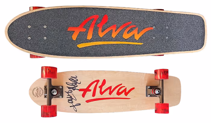 A finished Alva skateboard with the laser-cut grip tape installed.