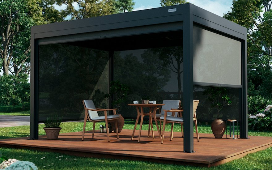 A PERGOLUX pergola fitted with screens