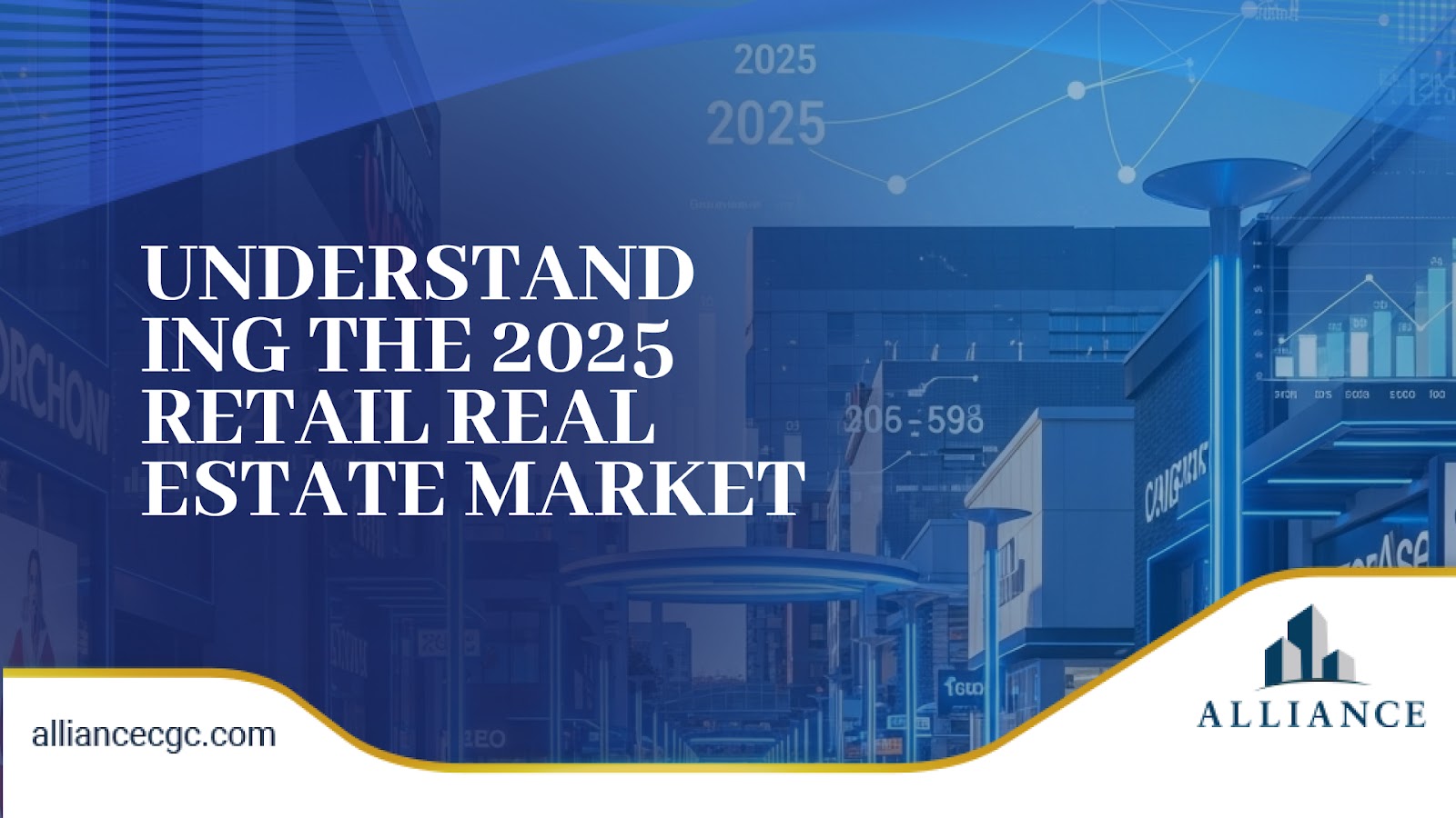Futuristic cityscape with charts and bold headline, framed by curved gold accents.
