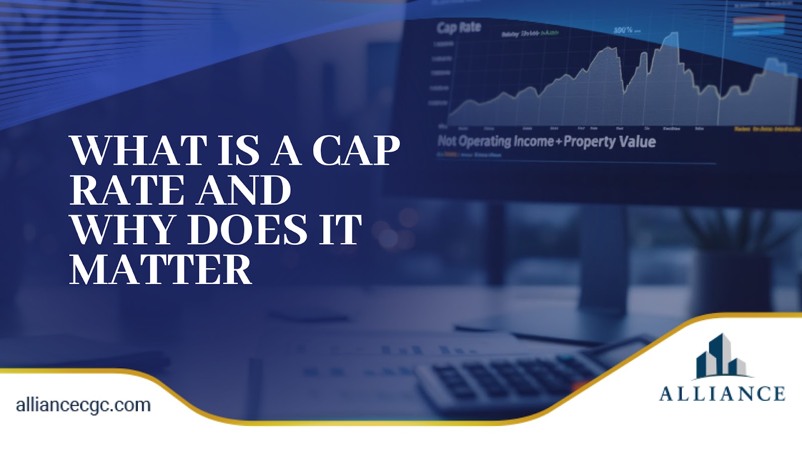 Dark blue theme with chart on screen and bold title, styled with gold-edged curves.