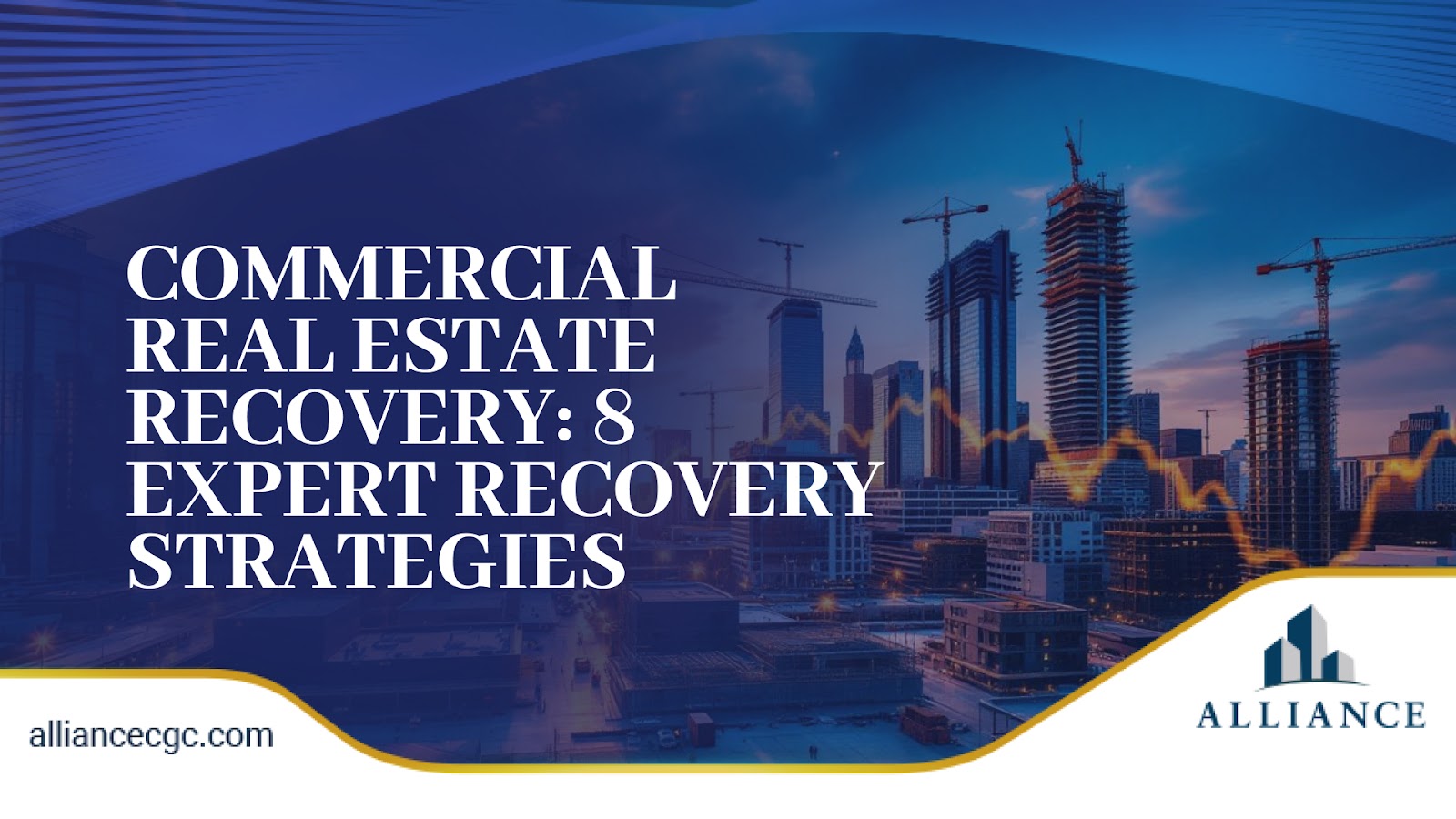 Modern skyline with cranes and orange graph overlay in a sleek blue and gold layout.