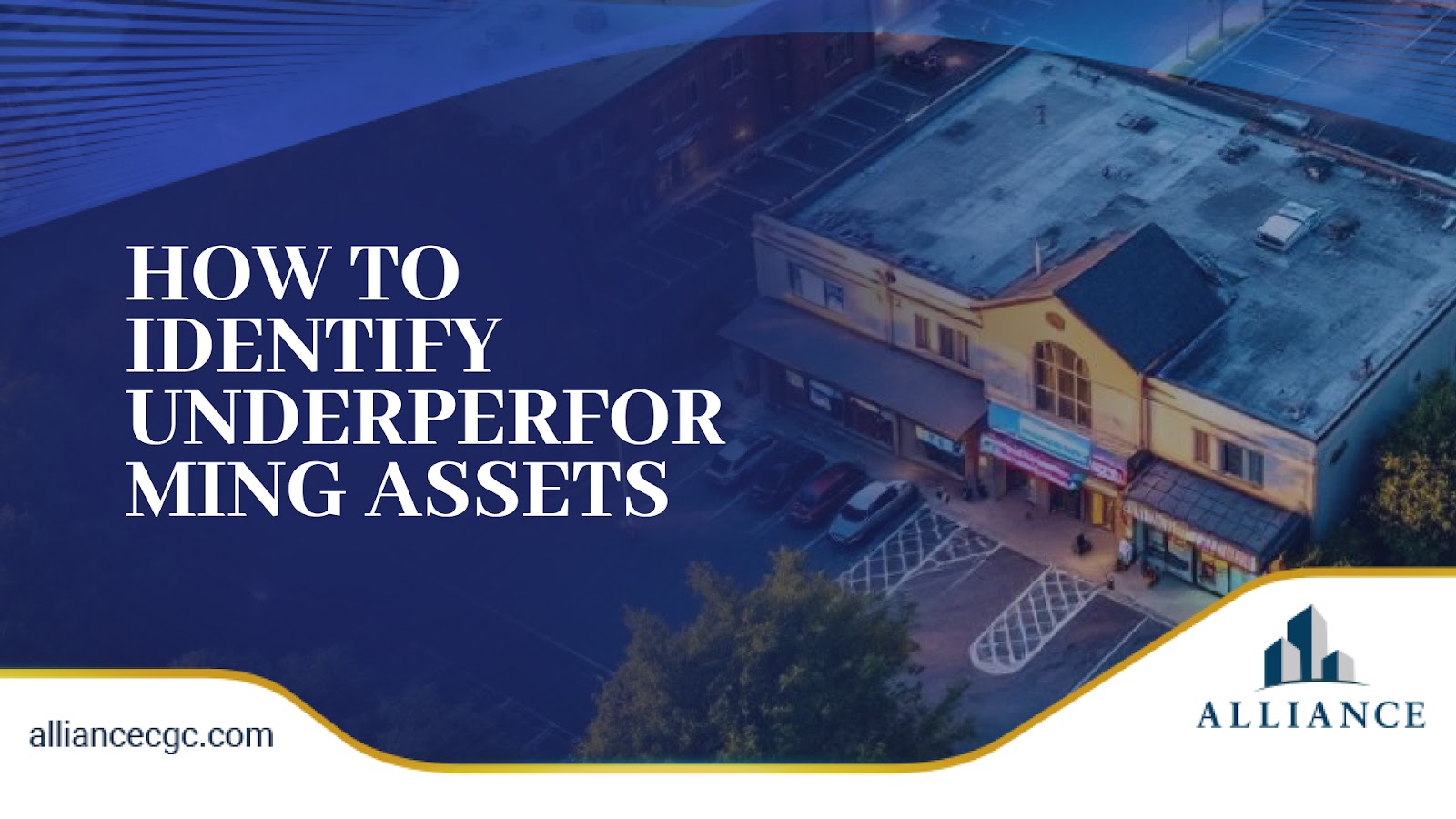 Aerial-style design with dark blue overlay, bold text, and commercial roofline visual.