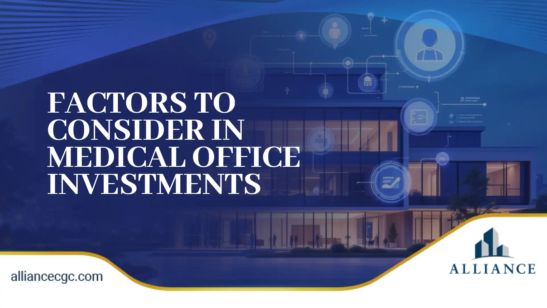 Modern office building with digital network icons and bold overlay text on investments.