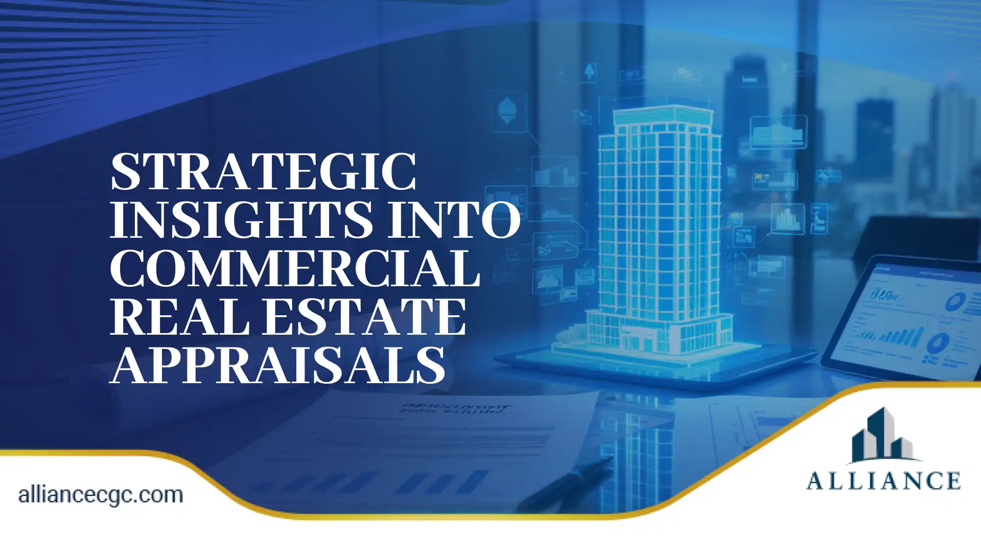 Modern blue-toned design with digital skyscraper, graphs, and bold white title text.
