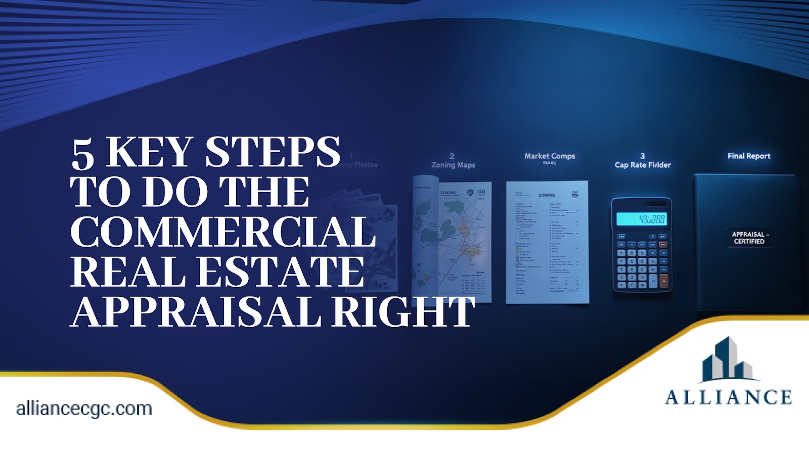 Dark blue layout with documents, maps, calculator visuals, bold white title text, and modern style.