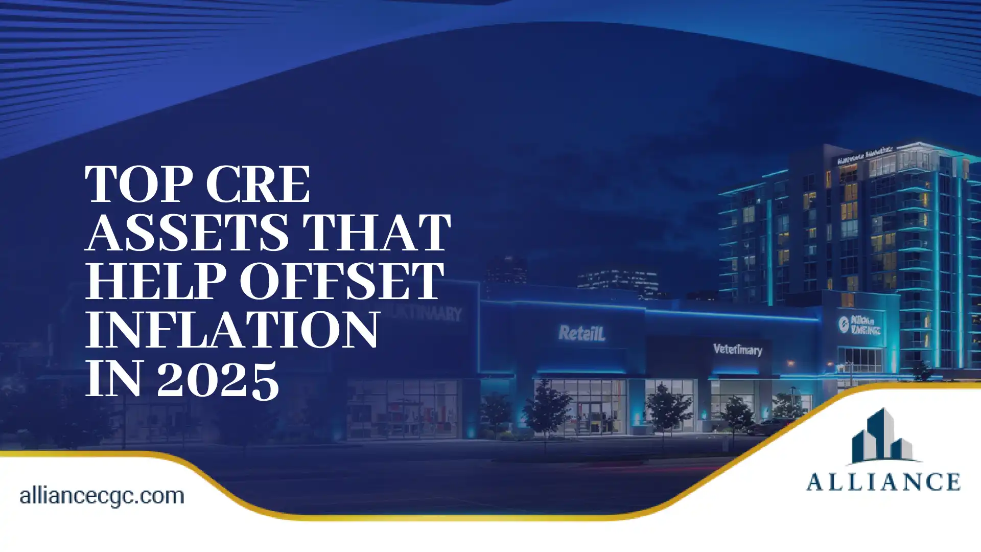 City skyline with retail storefronts at night and bold white headline text overlay.
