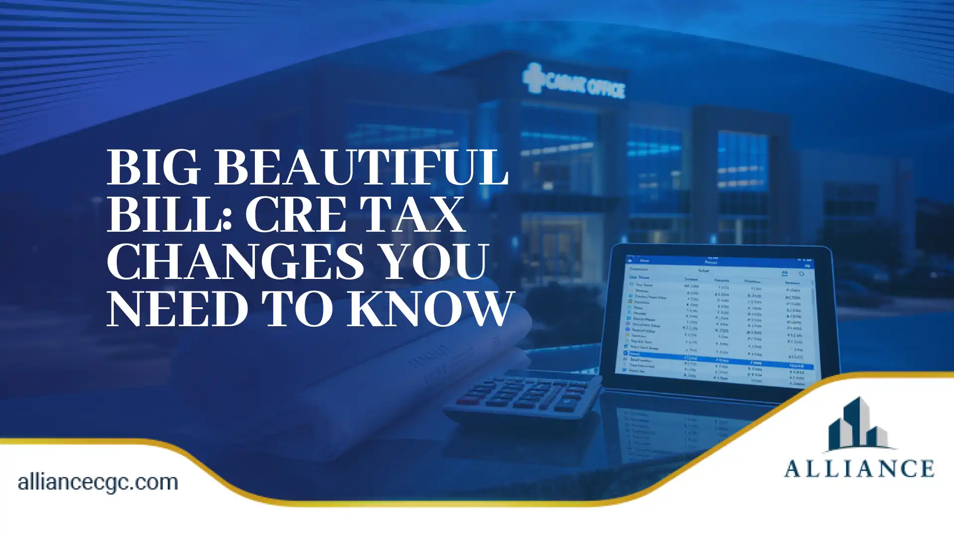 Modern office building backdrop with laptop, calculator, and bold white headline overlay.