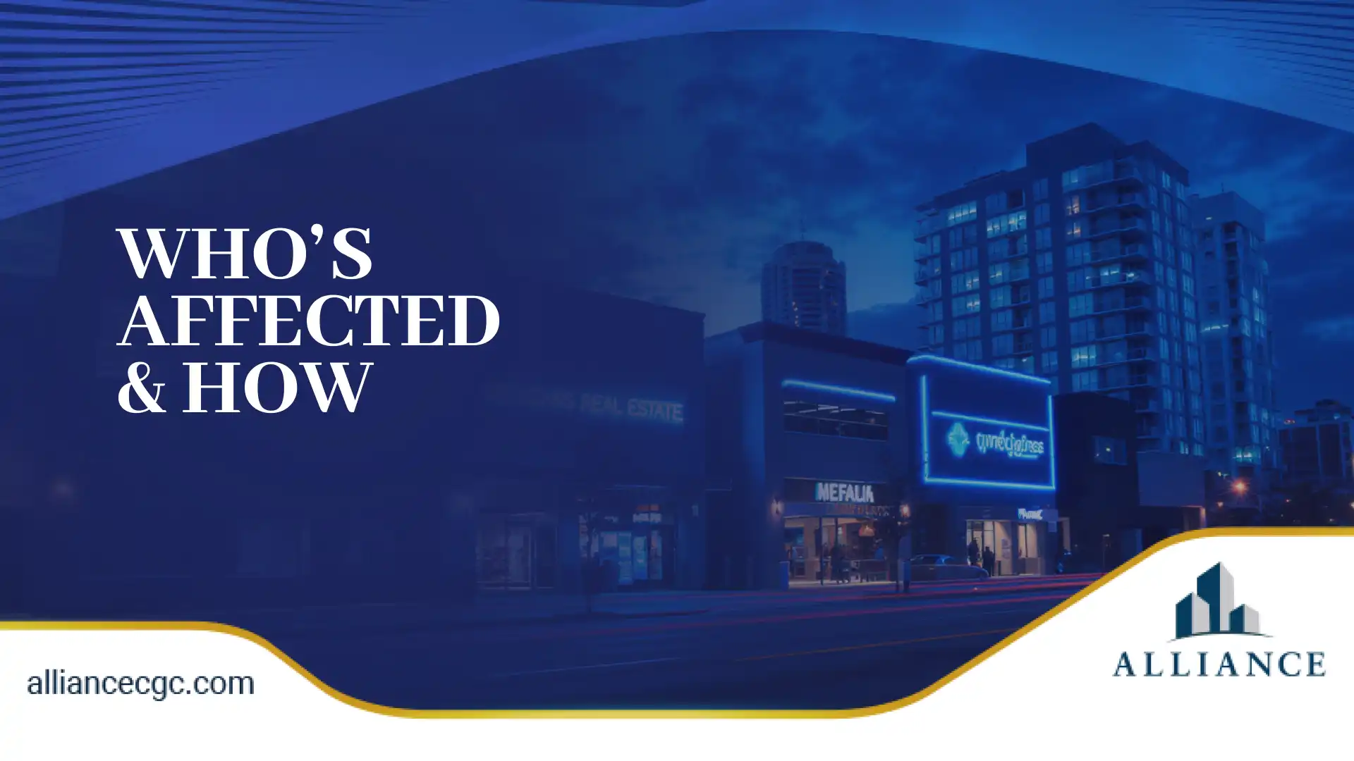 Night cityscape with glowing storefront signs and bold white headline text overlay.