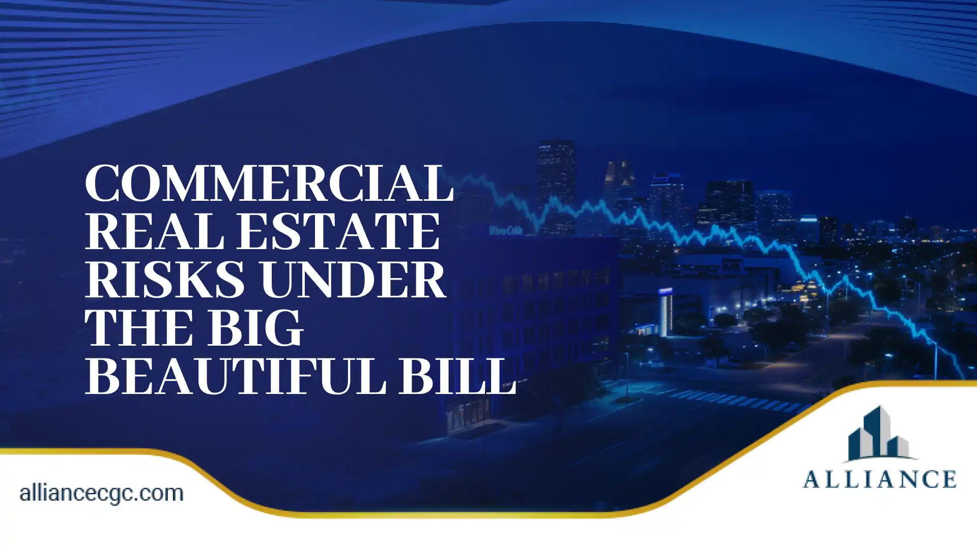 City skyline at night with blue downward trend line and bold white headline overlay.