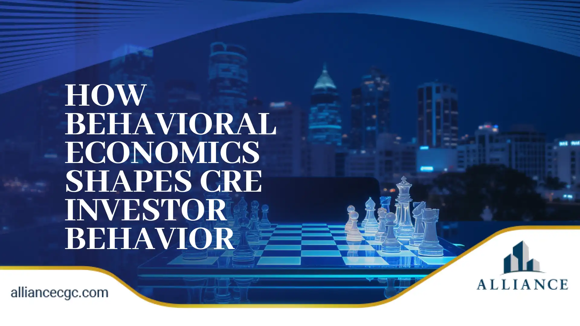Chessboard with glass pieces against a city skyline, blue tones and modern design.