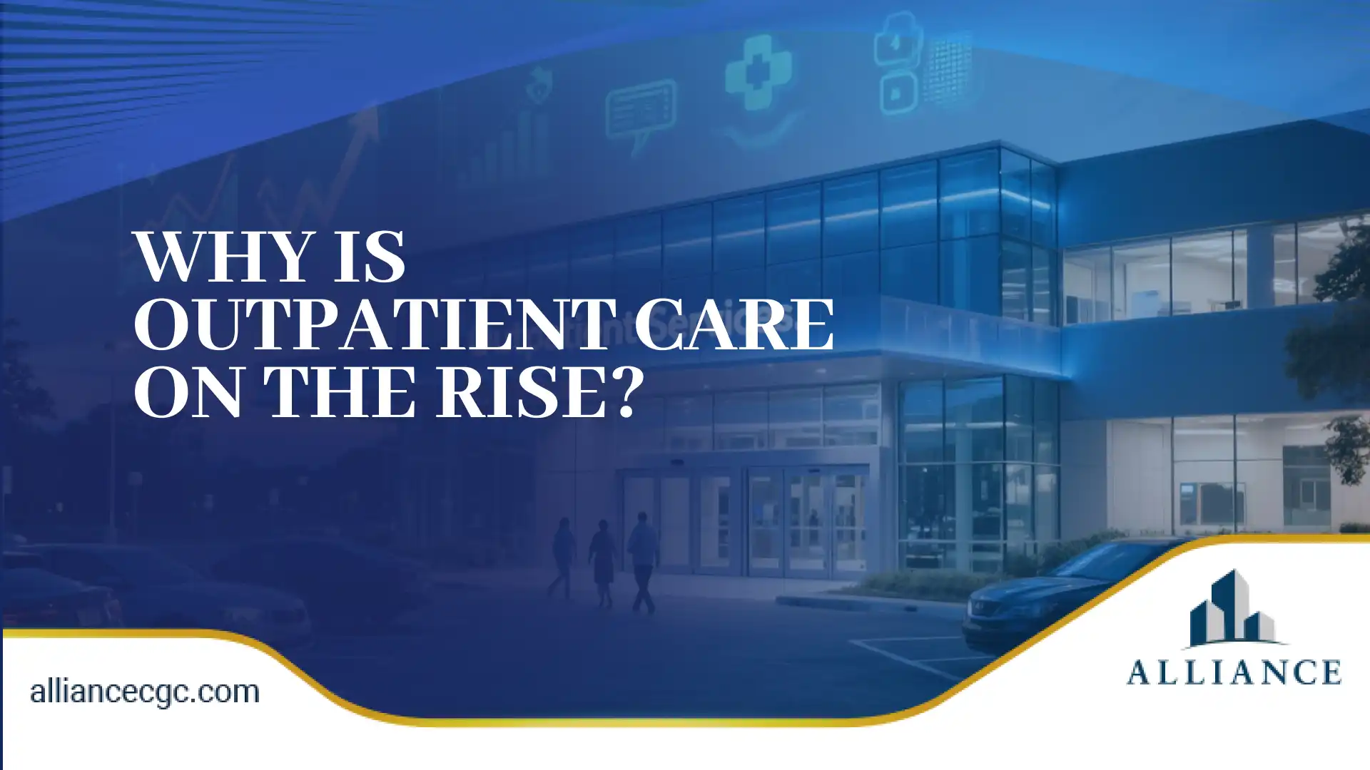 Modern blue medical building with icons and bold white headline overlay.
