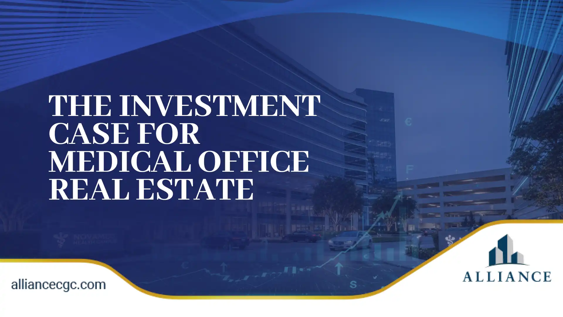 Modern glass office building with blue overlay and bold white text headline.