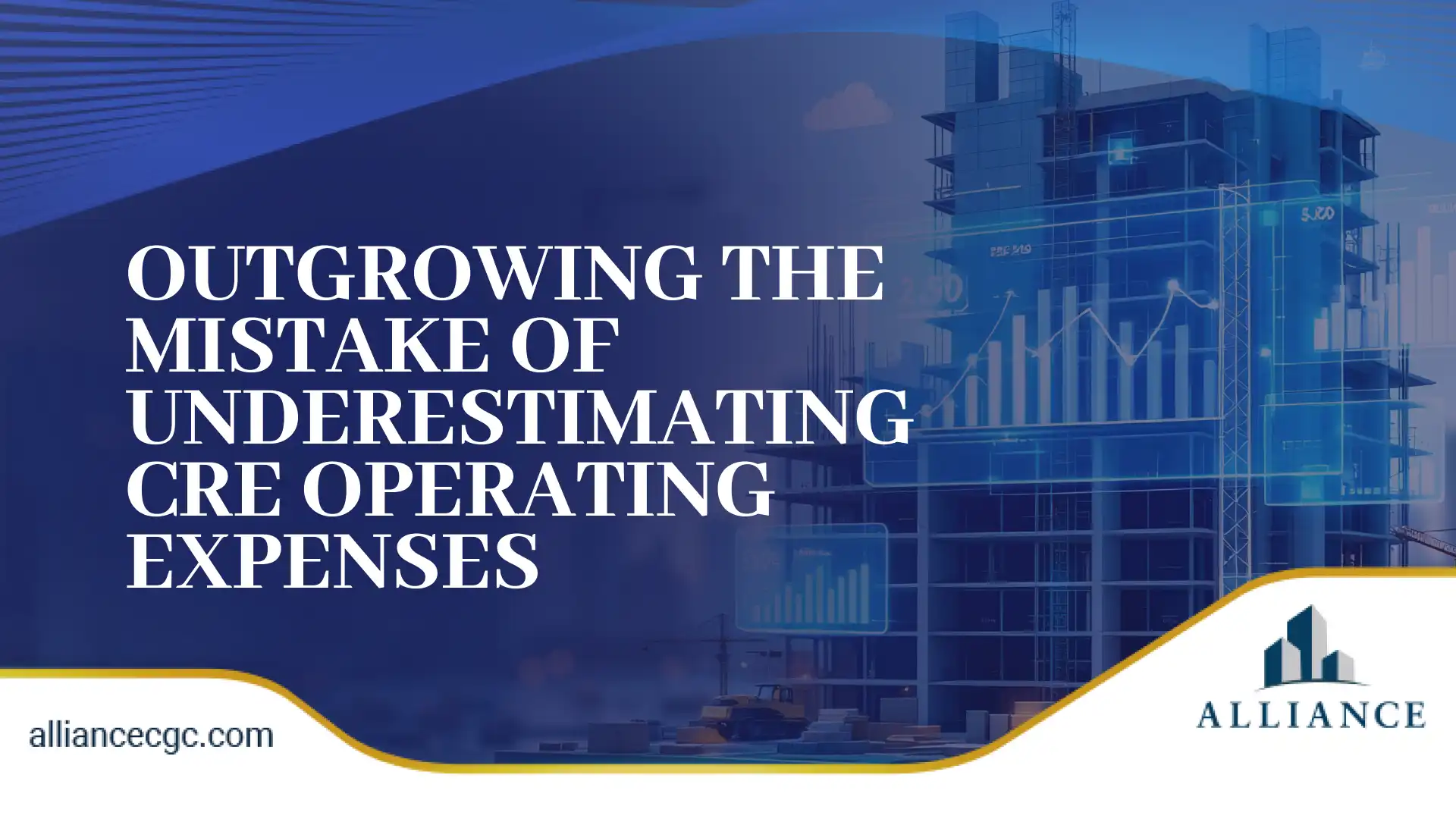 Blue digital building design with data charts and rising bar graph overlay.