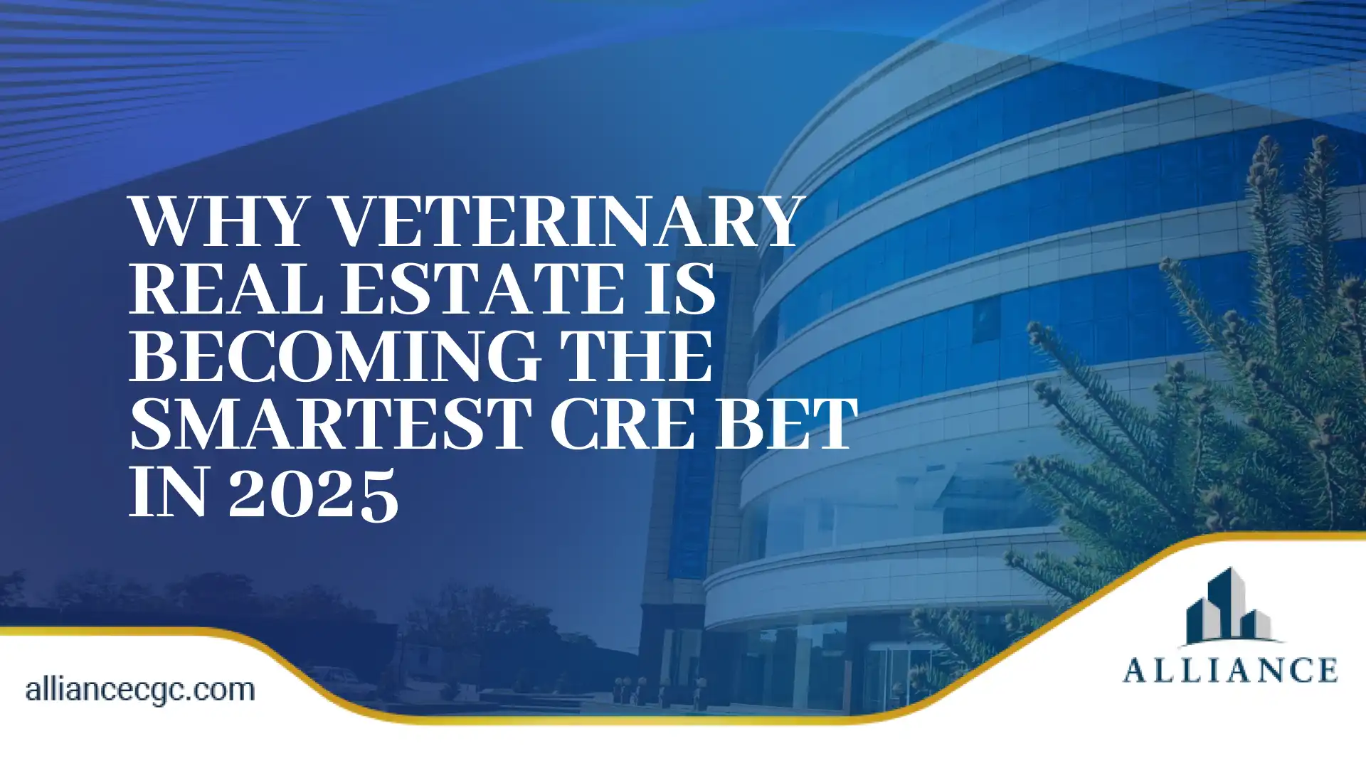 Modern corporate banner with blue gradient, curved lines, and sleek building.